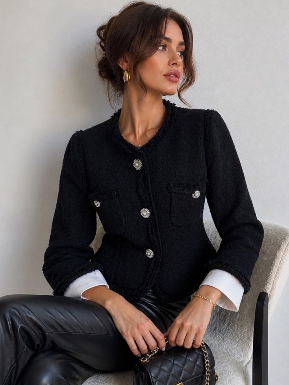 Zara Black Boucle Tweed Blazer Rhinestone Buttons White Removable Cuffs